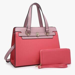 Lexie Two-Tone Vegan Leather Satchel Bag with Wallet in Fuchsia